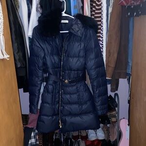 Versace Navy Puffer Jacket with Fur Collar